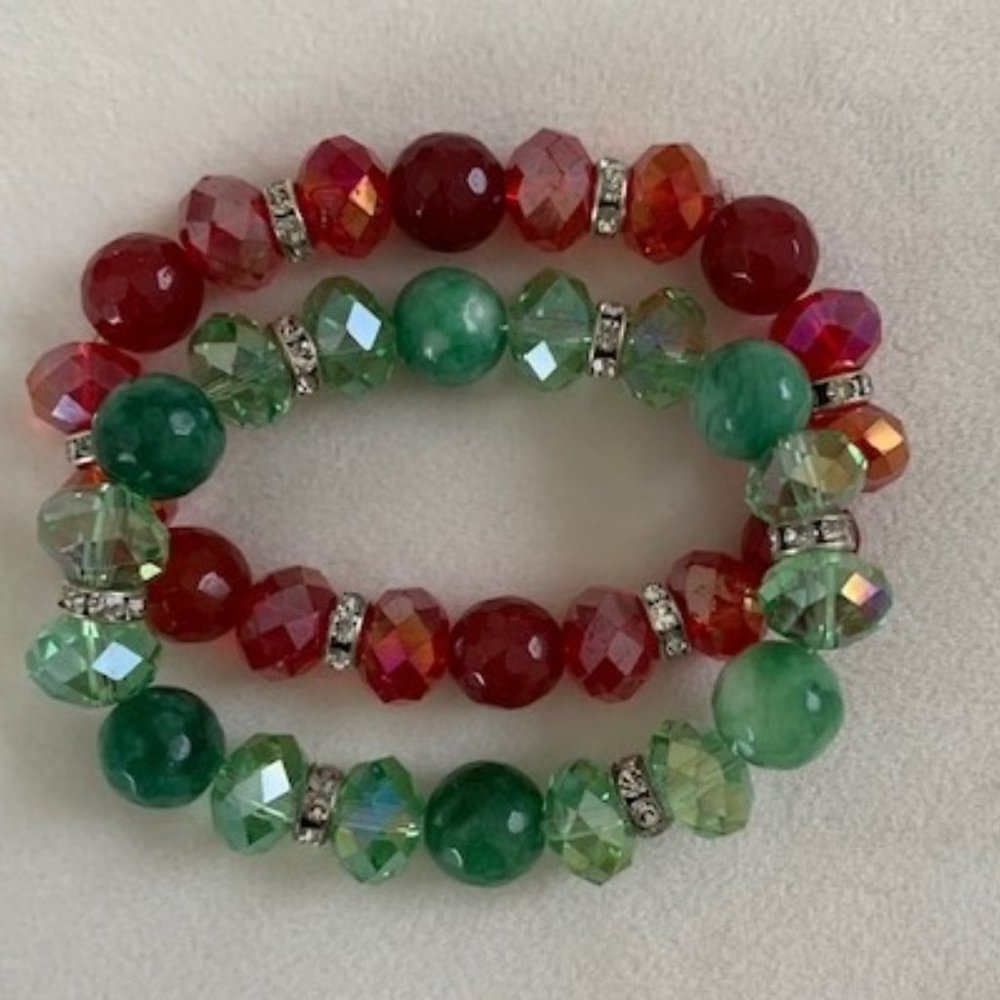 Red and Green Stretch Bracelets, Glass-Type Beads
